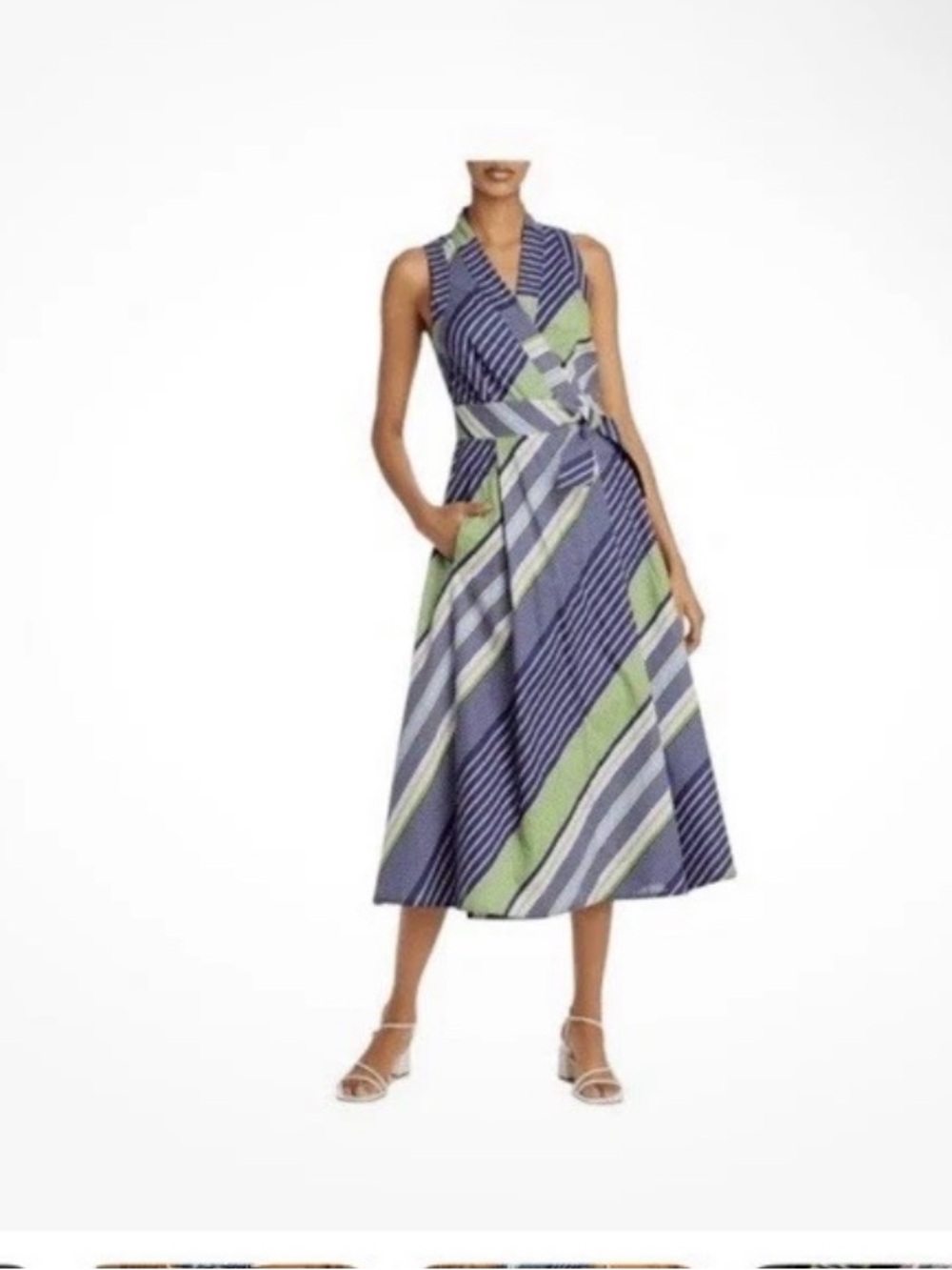 Tory Burch Sleeveless Diagonal Stripe wrap Midi Dress in Blue & Green